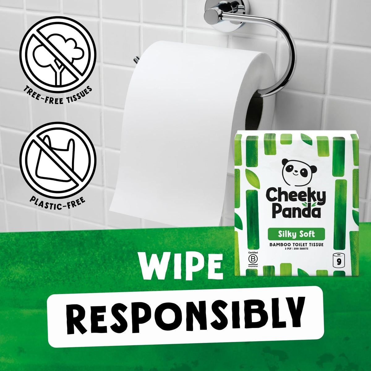 The Cheeky Panda Bamboo Toilet Paper – 9 Rolls of Toilet Paper | Plastic Free Packaging and Sustainable Toilet Tissue | 100% Compostable