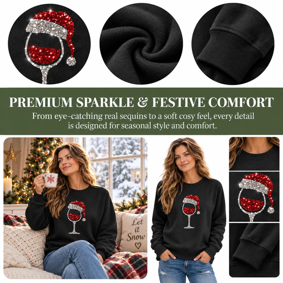 Christmas Jumpers Women Wine Graphic Sequin Sweatshirts Ladies Xmas Tops