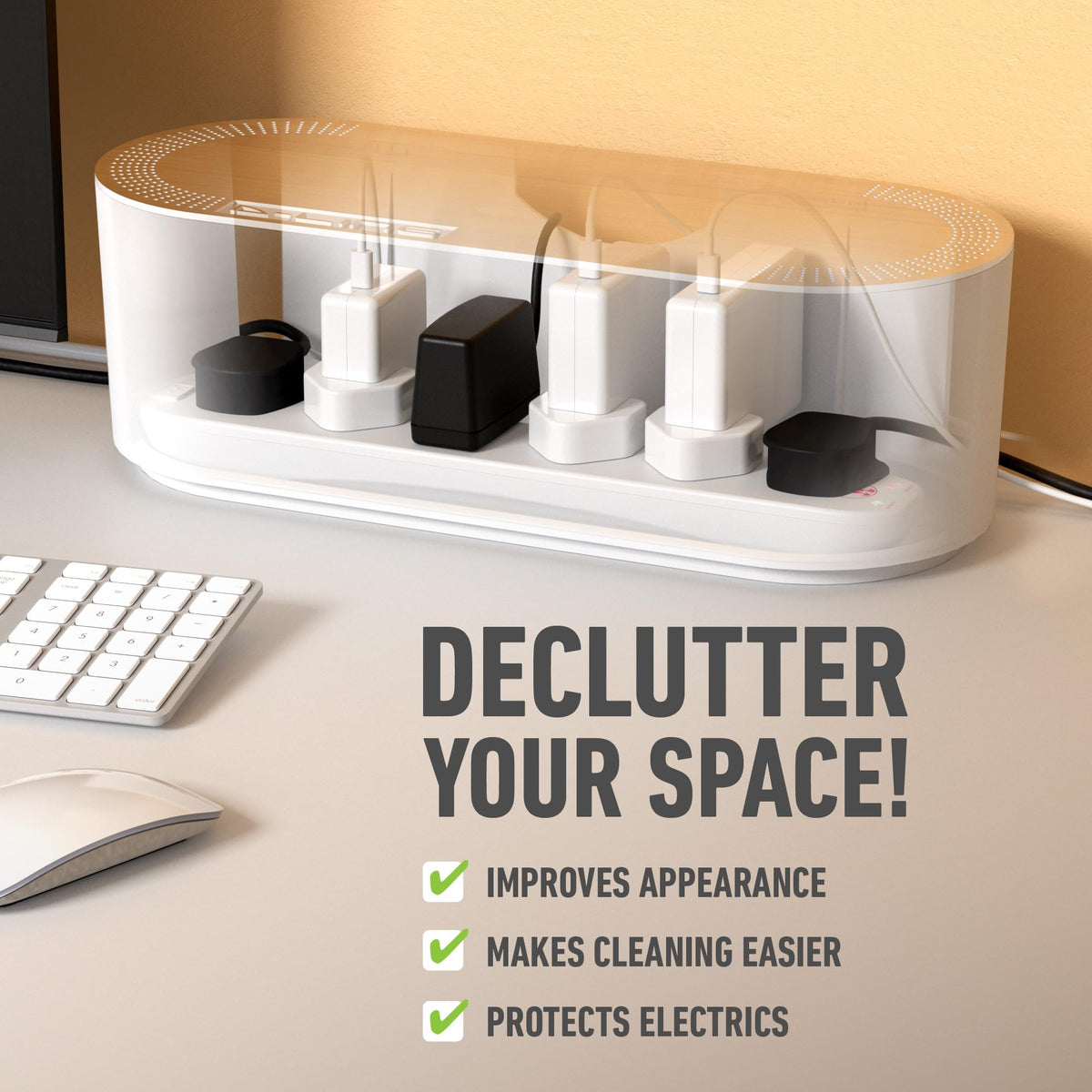D-Line Cable Tidy Box, Hide & Conceal Extension Blocks, Desk Cable Management Solution, TV Wire Tidy, Made from Electrically Safe ABS Material - 325mm (L) x 125mm (W) 115mm (H) - Small, White