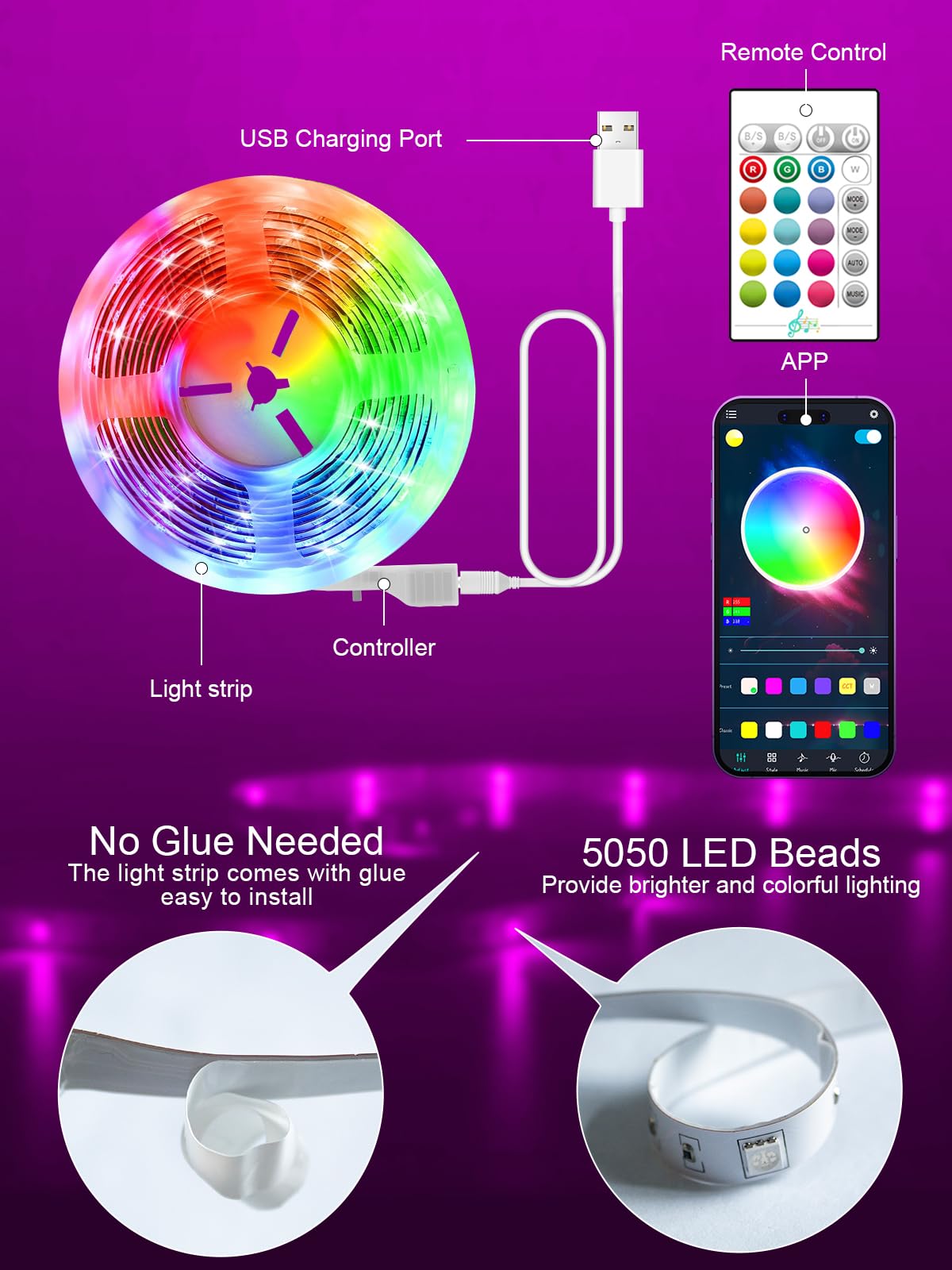 GIPOYENT TV Light Strip, 5M TV Backlight, for 45-75 Inch TV, Music Sync LED TV Light with Bluetooth Function - RGB Color Changing Light Strip for Home Theater (16.4ft)
