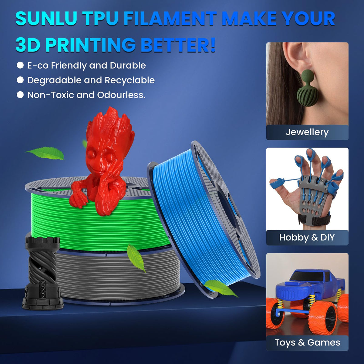 SUNLU TPU Filament TPU 95A 1.75mm Black, Flexible 3D Printer Filament