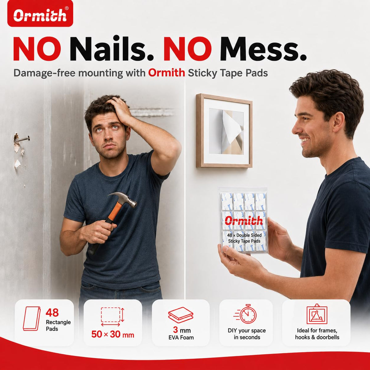 Ormith Double Sided Tape Heavy Duty 48 Pcs | Strong Double Sided Sticky Pads for Outdoor Indoor Wall Mounting | Water Proof Adhesive Strips for Quick Damage-Free Hanging (50 x 30mm)