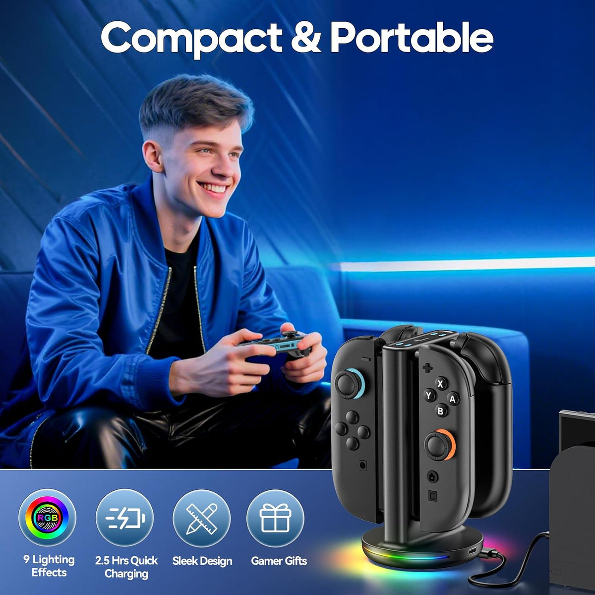 Rysker RGB Switch 2 Controller Charger for Joy-pad 2, 2H Fast Joycon 2 Charging Dock for Any Direction Charging, 9 Light Modes Switch 2 Joycon Charger Station
