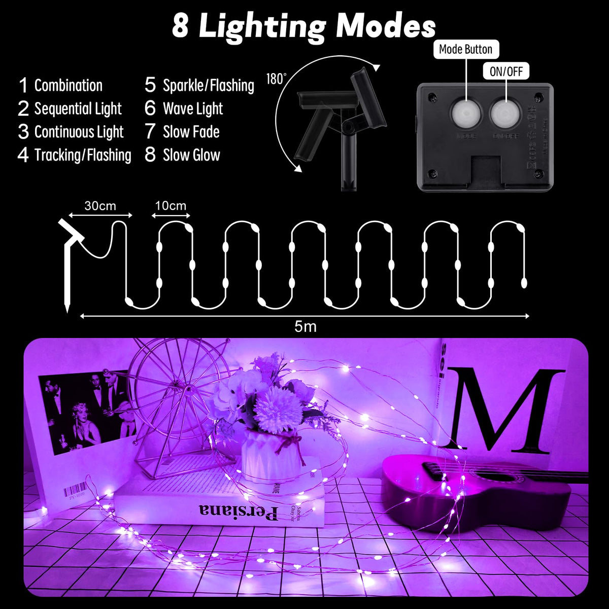 Gcstnn Garden Solar Lights Outdoor, 5M 50 LED Solar Fairy Lights, Copper Wire 8 Modes Waterproof String Lights for Yard, Christmas Tree, Bedroom, Gate, Indoor/Outside Decorations(Orange)