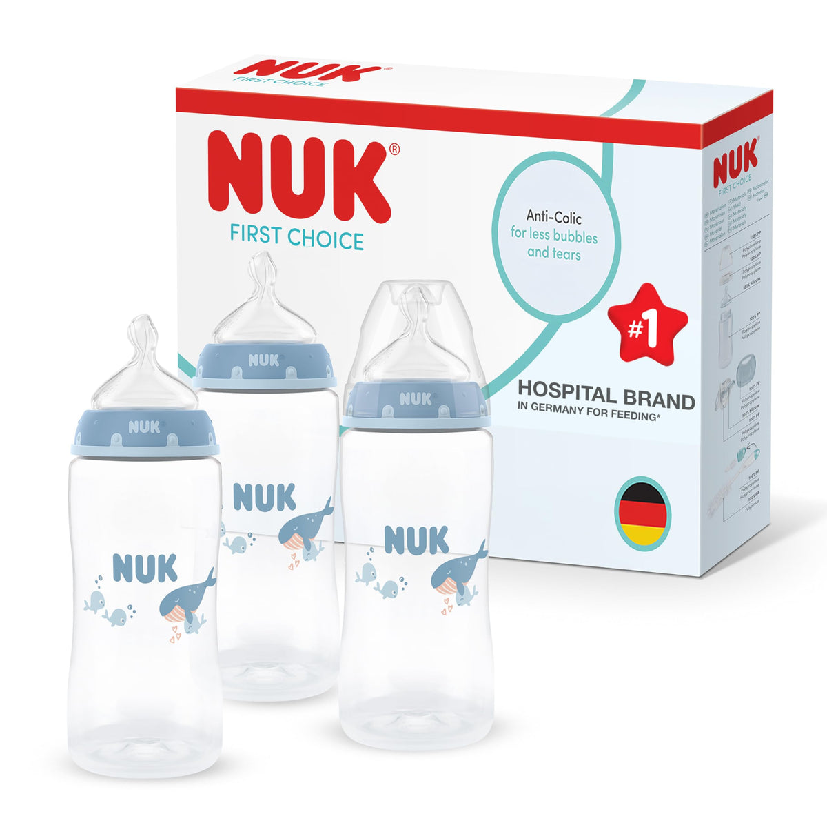 NUK First Choice+ Baby Bottles Set | 0-6 Months | Temperature Control | Anti Colic Vent | 300 ml | BPA-Free | Silicone Teat | 3 Count | Safari