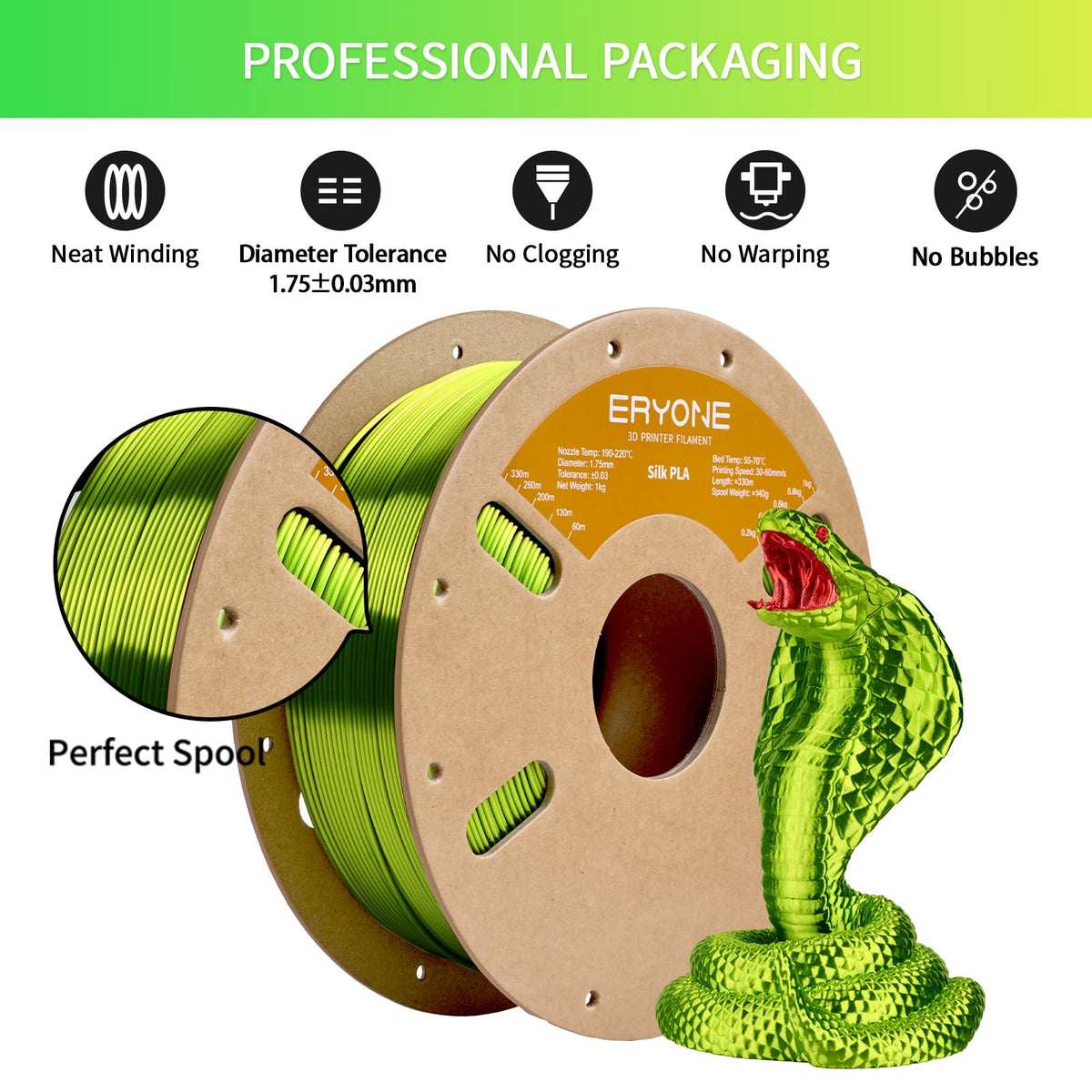 ERYONE Silk PLA Filament 1.75mm,3D Printer Filament PLA,Shiny Glossy PLA Filament,+/-0.03mm,1kg(2.2lbs)/Spool,Silk Liquid Gold
