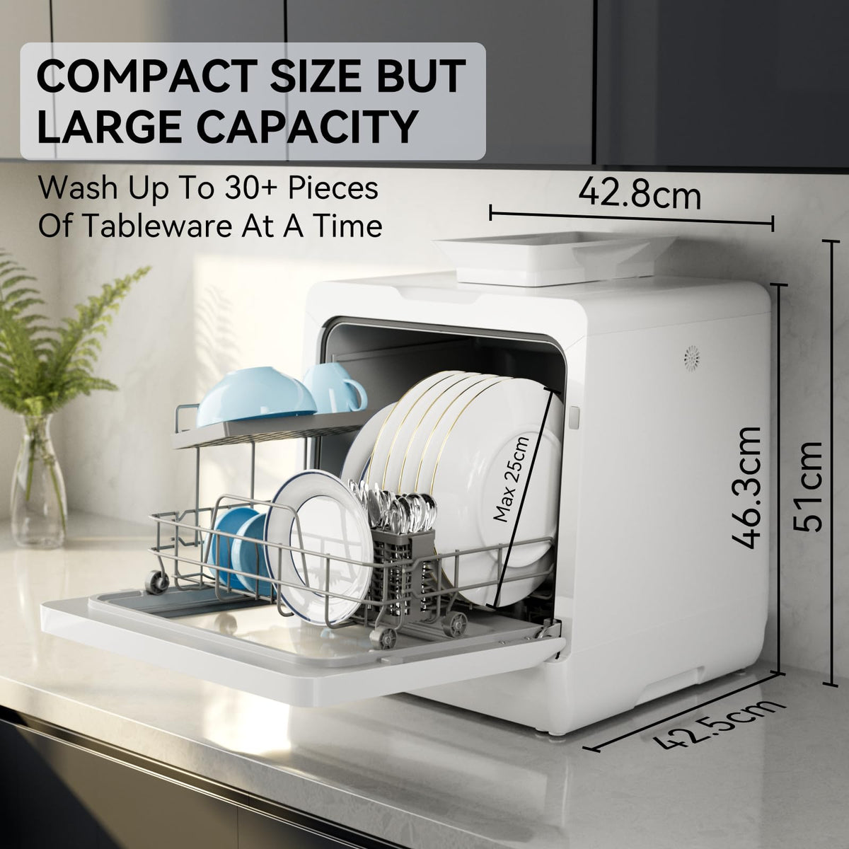 Hermitlux Table Top Dishwasher, Mini Countertop Dishwasher with 4 Place Settings, 5L Built-in Water Tank, 6 Programmes, Touch Control, Baby Care and Fruit Wash, White