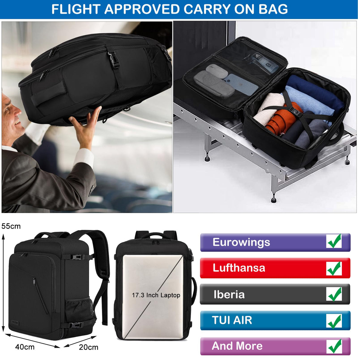 Ryanair Cabin Bags 40x30x20 Underseat 24L Small Travel Backpack Cabin Size