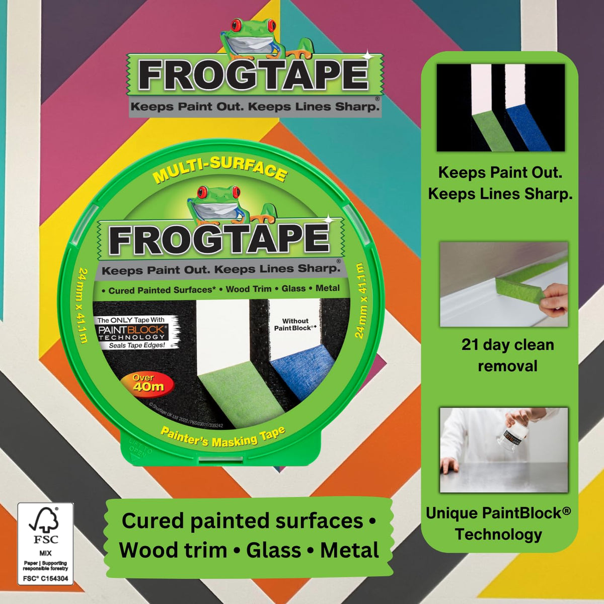 Frog Tape Green Multi Surface Painters Masking Tape, Indoor Painting and Decorating For Sharp Lines and No Paint Bleed 24mm x 55m