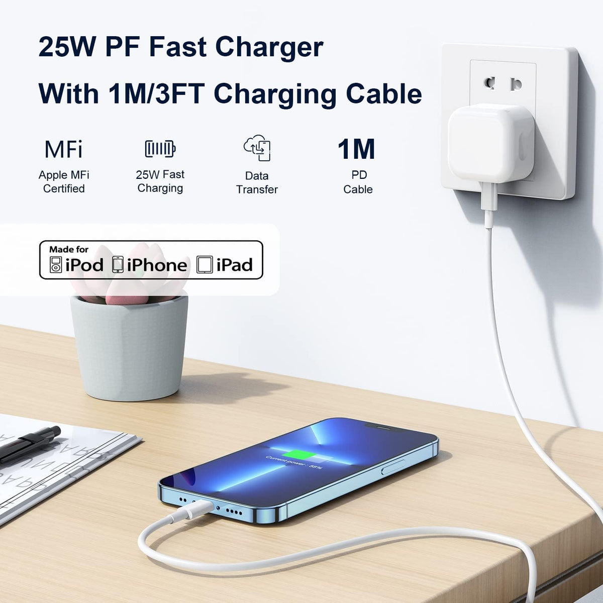 iPad Charger,2Pack USB C to Lightning Fast Charging Cable and Plug 25W Charge for New Apple i Pad Pro 9.7 10.5 12.9 inch 2nd Generation/Air 3rd/Mini 4 5th Gen/Pad 5th 6th 7th 8th 9th 2021/iPhone 14 13