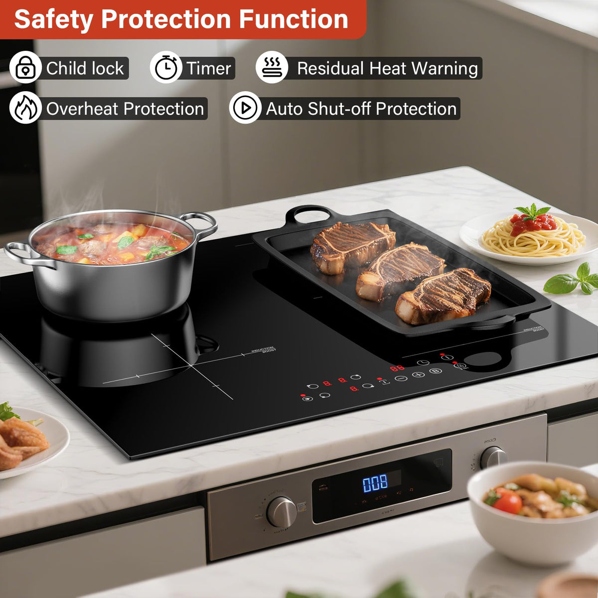 Single Induction Hob 2000W, Portable Induction Cooker with 10 Power & Temperature Levels, Touch Control, Child Lock, 3-Hour Timer, Residual Heat Indicator, Black Glass Panel Electric Hob