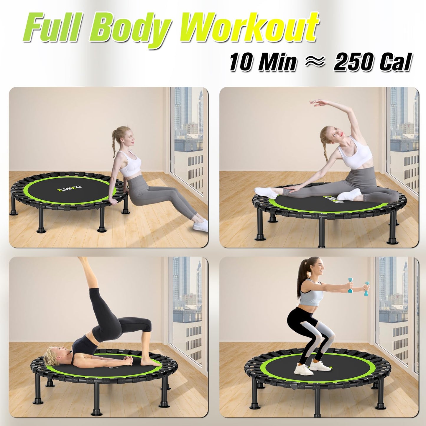 ZCMHAXJ Foldable Mini Trampoline, 40" Rebounder Trampoline for Adults & Kids, 450lbs Capacity with/without U/T-Shaped Adjustable Bar, Indoor Fitness Workout Exercise Equipment