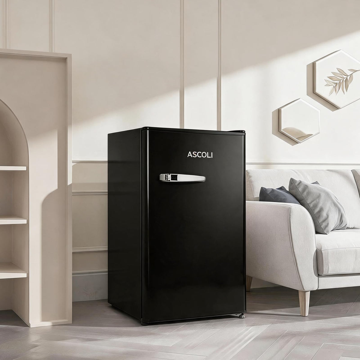 Retro Mini Fridge 85L, Compact Refrigerator, Under Counter Fridge, Direct Cooling, Super Quiet, Adjustable Racks, Metal Handle, Mechanical Control, Led Light