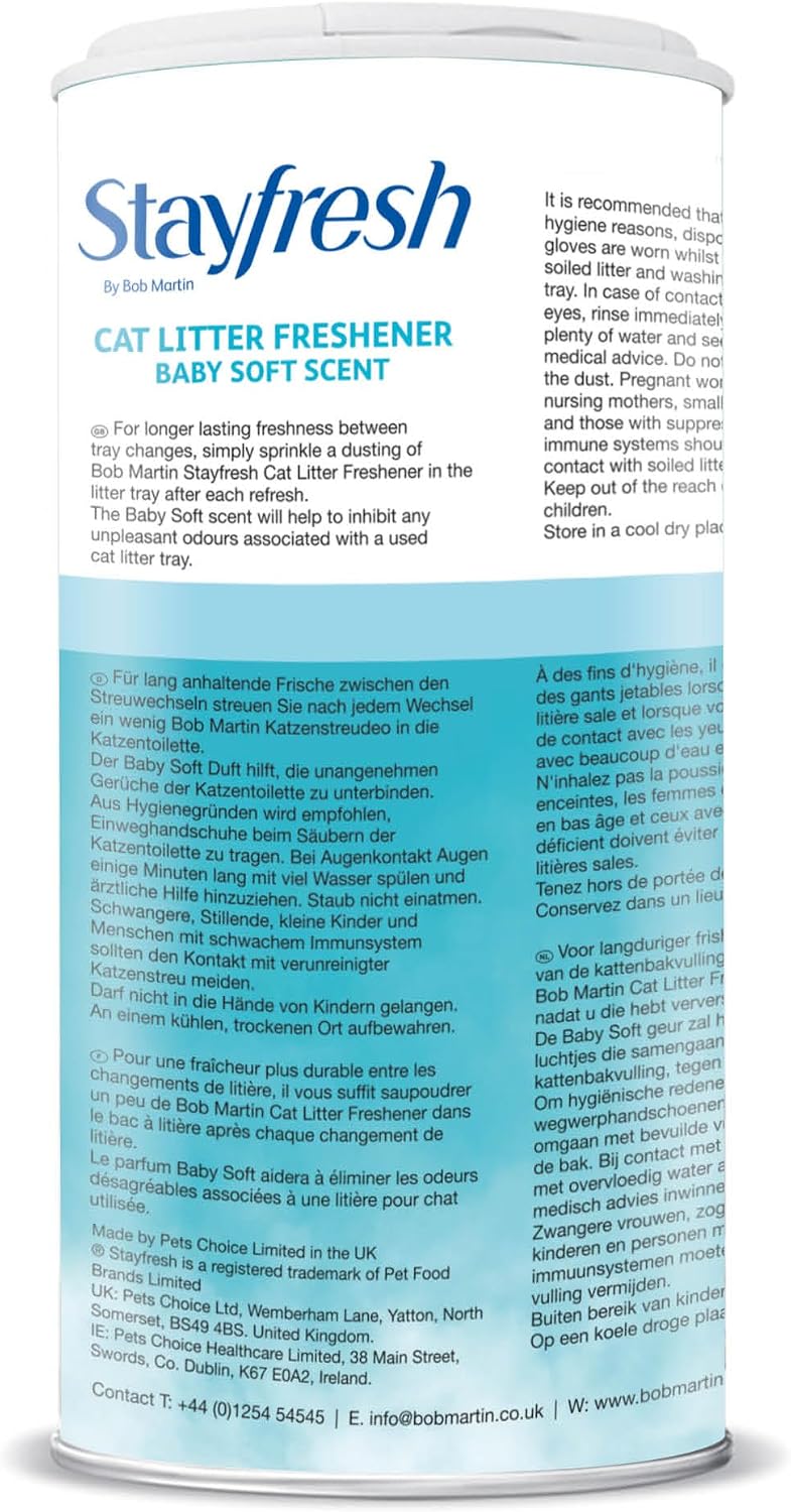 Bob Martin Cat Litter Freshener Powder, Baby Soft Scent - Effective Odour Control for Longer Lasting Freshness, Made in the UK (400g) (Packaging can vary)