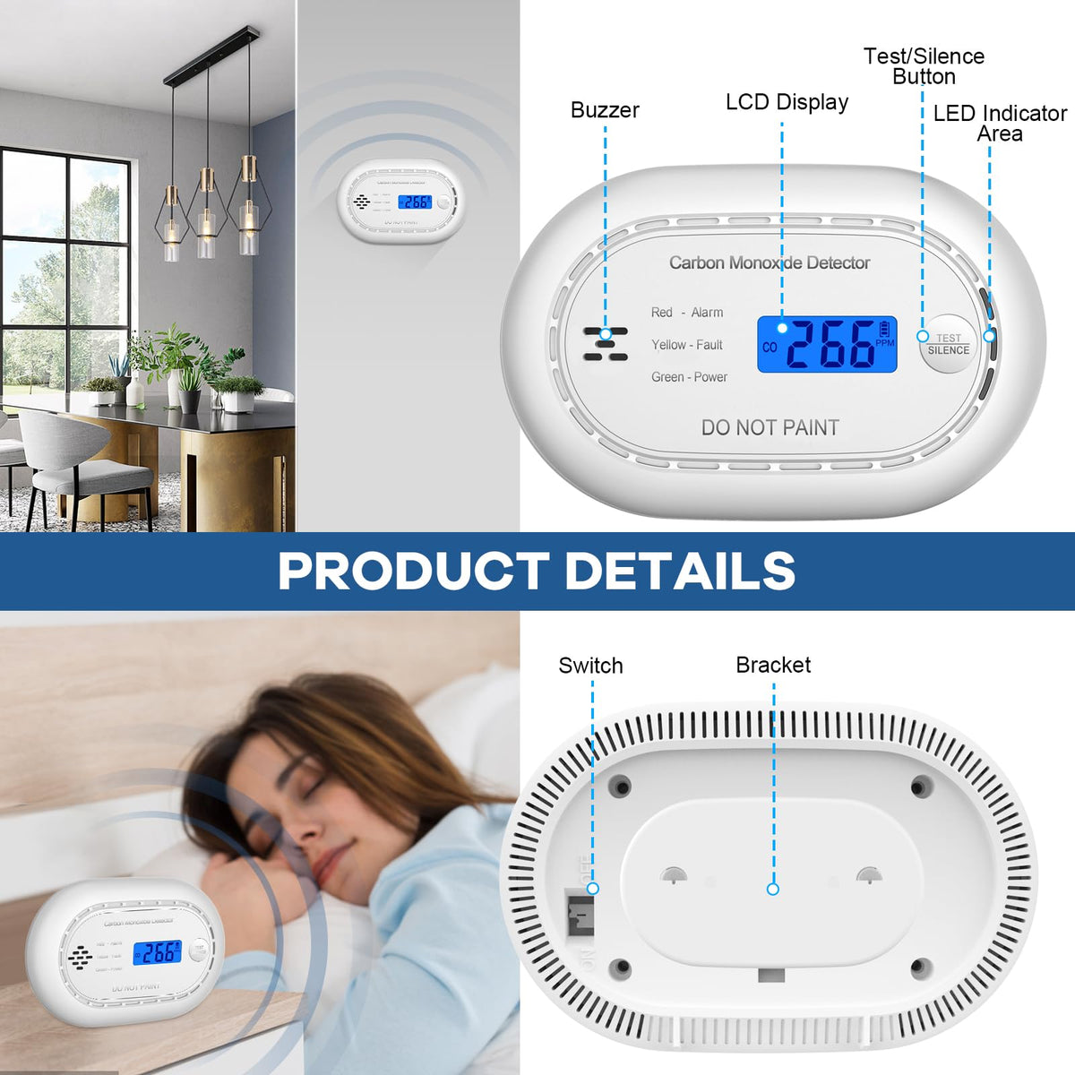 XINDUM Carbon Monoxide Detector 10-Year Battery LCD Display CE Black 2Pack