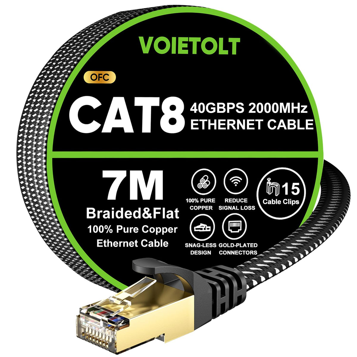 Cat 8 Ethernet Cable 10M, High-Speed 40Gbps/2000Mhz Flat Braided Internet Cable, Gigabit STP RJ45 Network Cable Compatible for PS4/5, for Modem, PC/Laptop