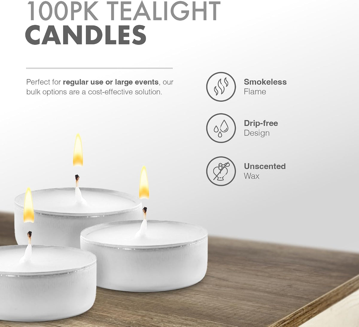 delka Unscented Tea Lights White- Long-Lasting 8 Hour Burn Time-Smoke-Free Bright Flame -Ideal for Weddings, Events, Aromatherapy, Home Décor, and Emergency Use-Premium Quality (White, Pack of 100)