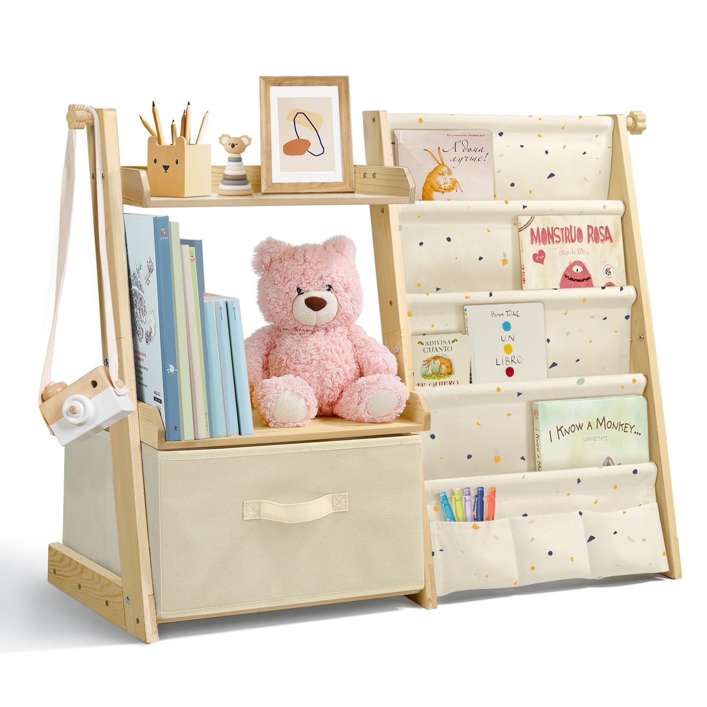 Kids Bookshelf and Toy Storage, Montessori Wooden Children Bookcase and Toy Organizer, 4-tier Toddler Sling Book Shelf with a Large Storage Box for Nursery, Bedroom, Playroom (Terrazzo)