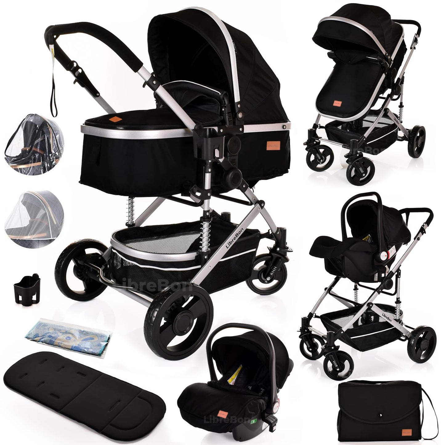 Baby Buggy Pram Pushchair 3 in 1 with Car Seat Child Lightweight Folding Stroller One Size Fits All 3 in 1 Travel System Pram for Newborns & Toddlers 0-36 Months from Birth (Black - Silver Frame)