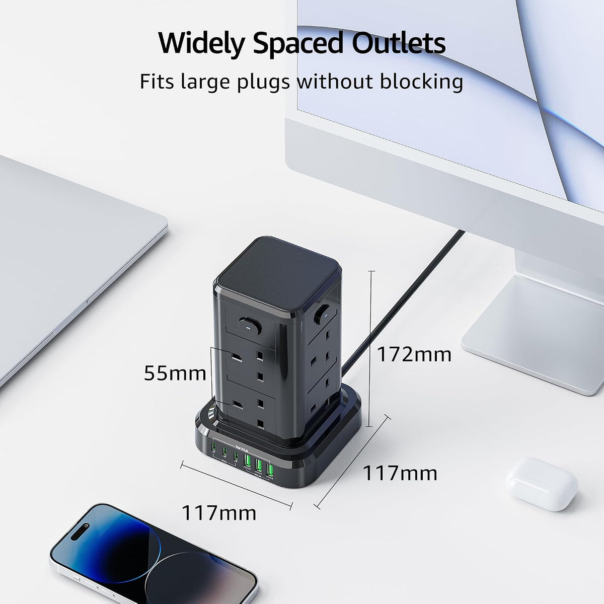 6M Tower Extension Cord with 6 USB Slots, Toomke 8 Way Extension Sockets with 3 USB A and 3 USB C, Tower Plug Extension with 4 Independent Switches 13A 3250W