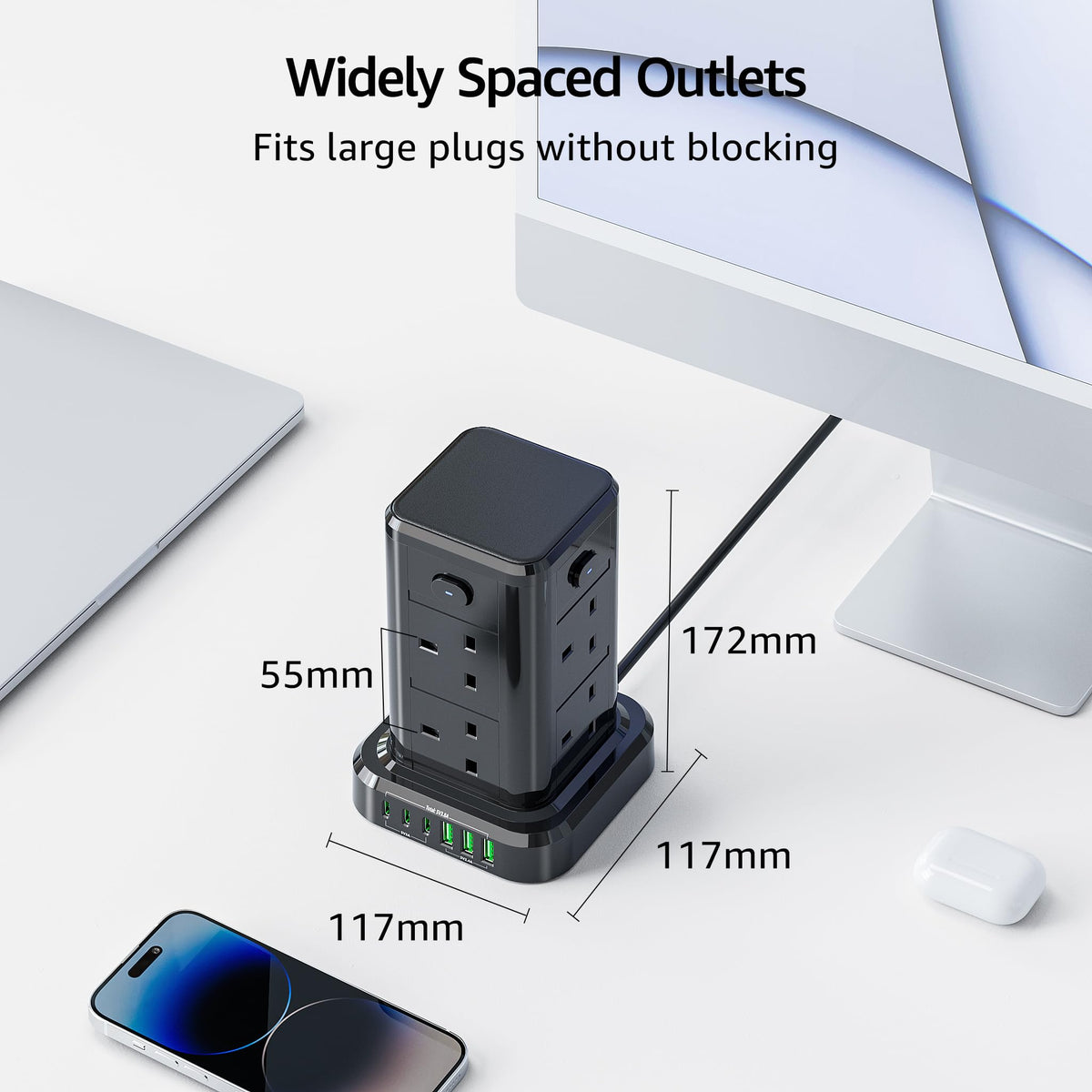 6M Tower Extension Cord with 6 USB Slots, Toomke 8 Way Extension Sockets with 3 USB A and 3 USB C, Tower Plug Extension with 4 Independent Switches 13A 3250W