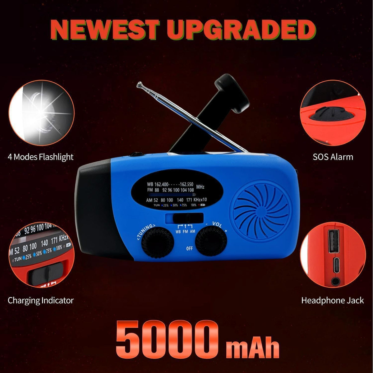 5000mAh Wind Up Solar Radio, Emergency Crank Weather Radio, FM/AM Radios