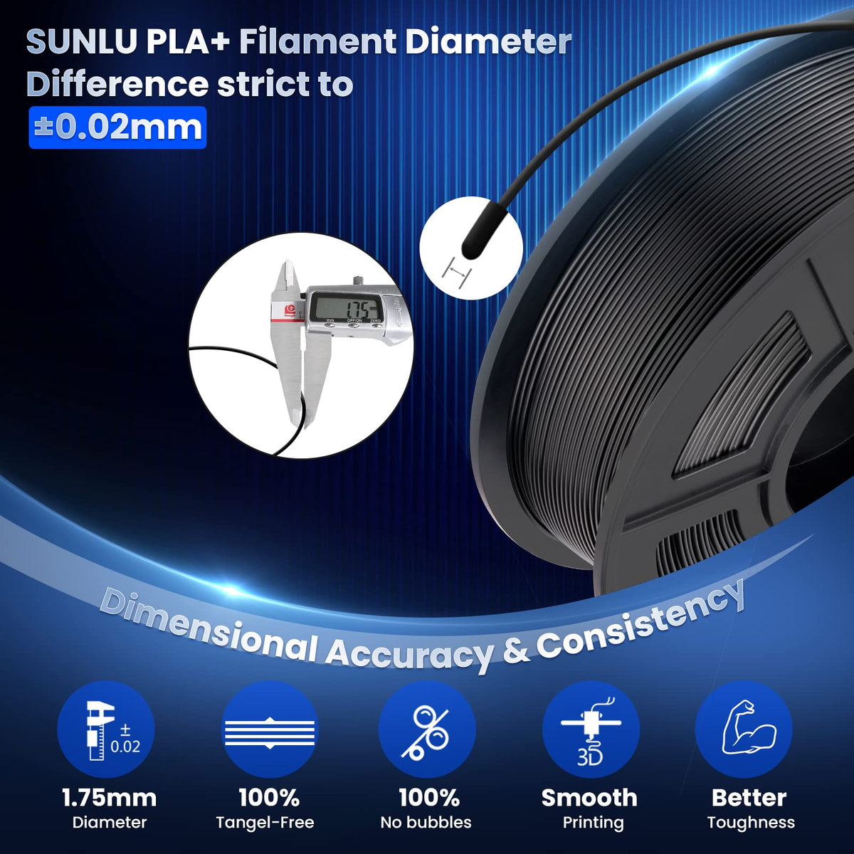 SUNLU PLA+ 3D Printer Filament, Tougher PLA Plus Filament 1.75mm, 1KG Black