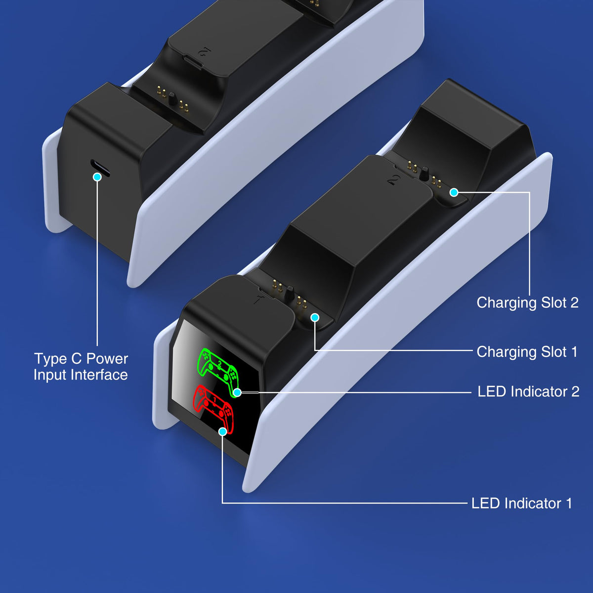 HELLCOOL PS5 Charging Charger for DualSense & Edge, Fast Charge 2 Controllers Simultaneously, Drop&Go No Alignment, LED Indicator with Touch Off, Smart Safety Protection, with 1m USB-C Cable