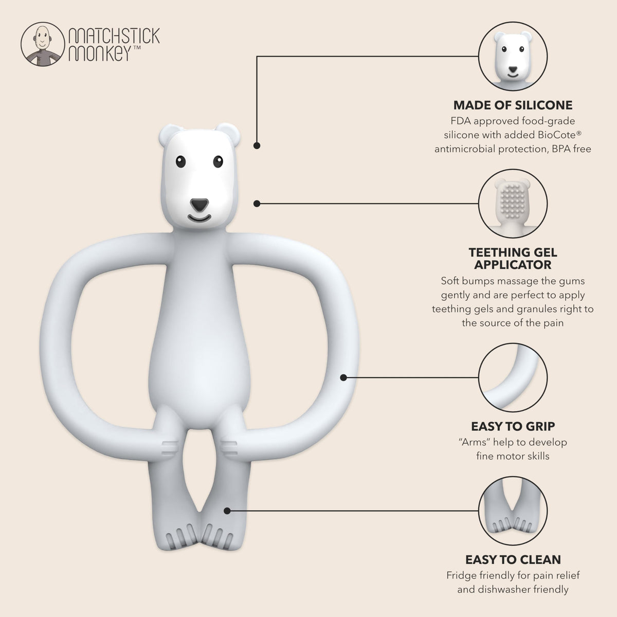Matchstick Monkey, Antimicrobial Silicone Teether & Gel Applicator, Easy To Grip, BPA Free, 3 Months Old+, 11 cm, Gigi Giraffe, Pack of 1