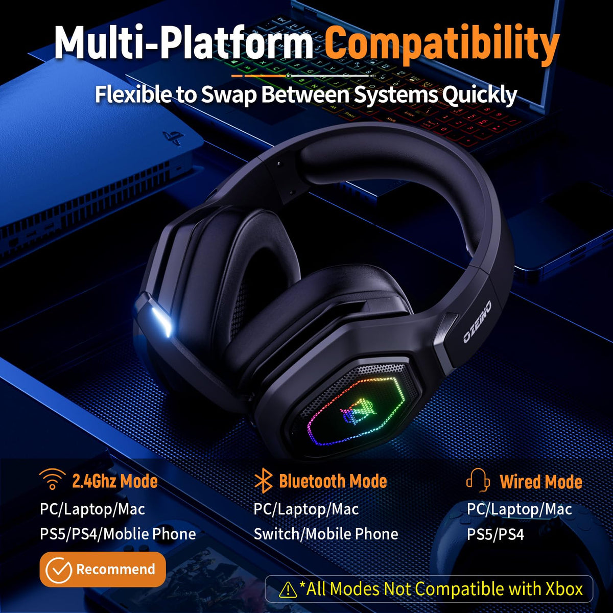 Ozeino Wireless Gaming Headset with Microphone, 2.4G & Type C Transmitter - 40h Battery Life - RGB Lighting Gaming Headphones for Ps5, Ps4, PC, Switch, Phone (Pink)
