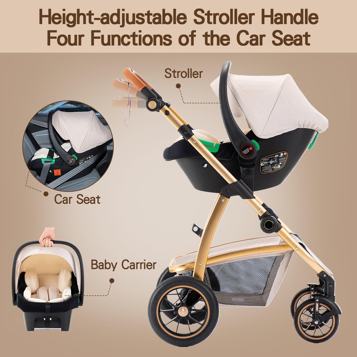 Gcarebb 3 in 1 Prams Travel System, Pushchair with Height Adjustable Handle, Travel Pram with Mosquito Net, Baby Stroller with Aluminum Frame for Newborn 0-4 Years