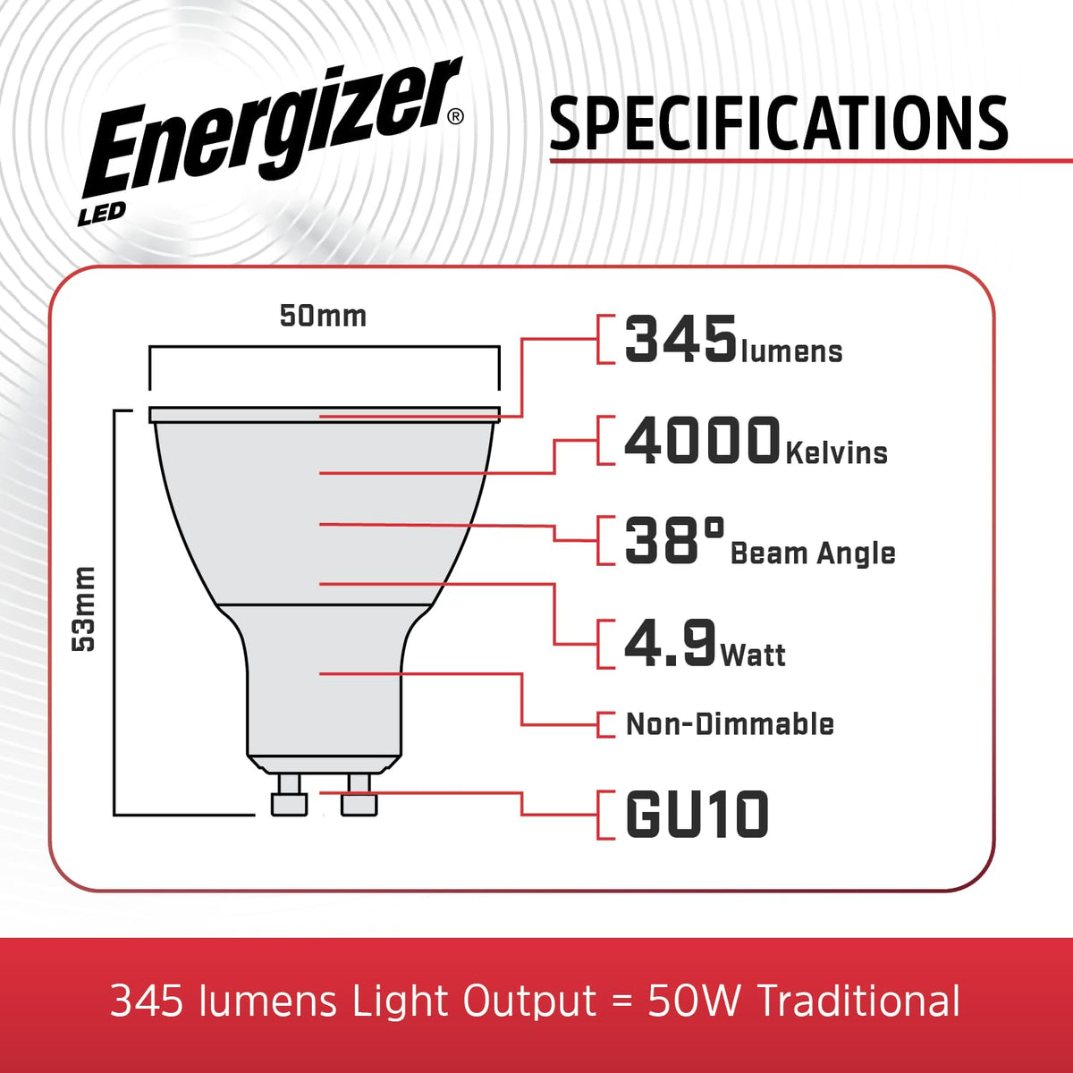 Energizer GU10 LED Bulbs Daylight White - 6500K 50W Halogen Spotlight Equivalent – 345LM - Non Dimmable. Pack of 5