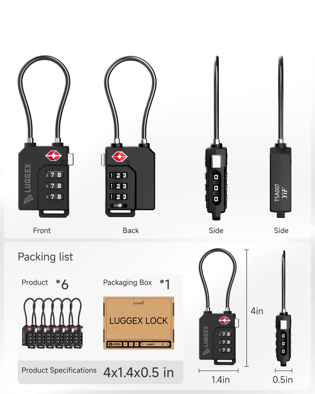 LUGGEX Suitcase Locks, Luggage Locks, TSA Approved Luggage Locks,Black,2