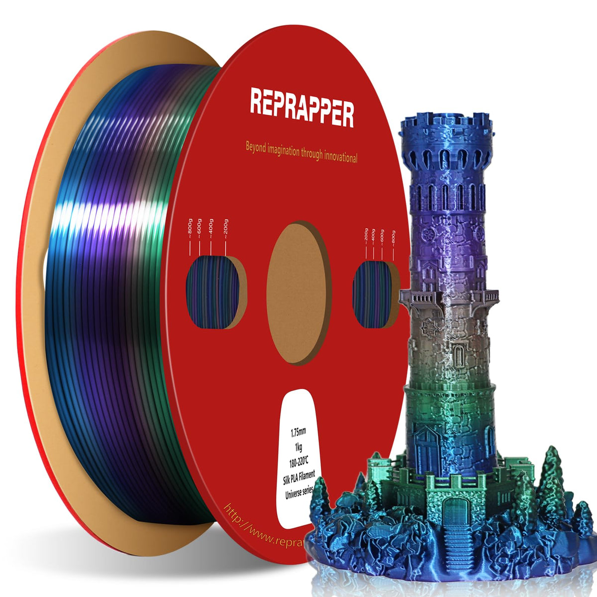 Reprapper 4X 250g Color Pack – Dual Color PLA Filament 1.75mm for 3D Printer & 3D Pen, Multicolour Filament, 4 x 250g Matte Red/Blue, Matte Purple/Green, Silk Red/Blue, and Silk Purple/Green