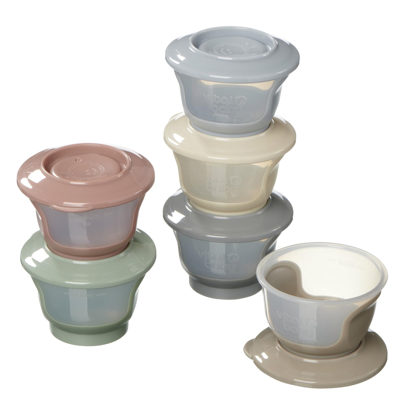 Vital Baby Nourish Store & Wean Food Pots 60ml, Leakproof, Stackable, Soft Base, EarthSmart Biodegradable, Fridge & Freezer Safe, BPA-Free, 4m+, 6 Pack