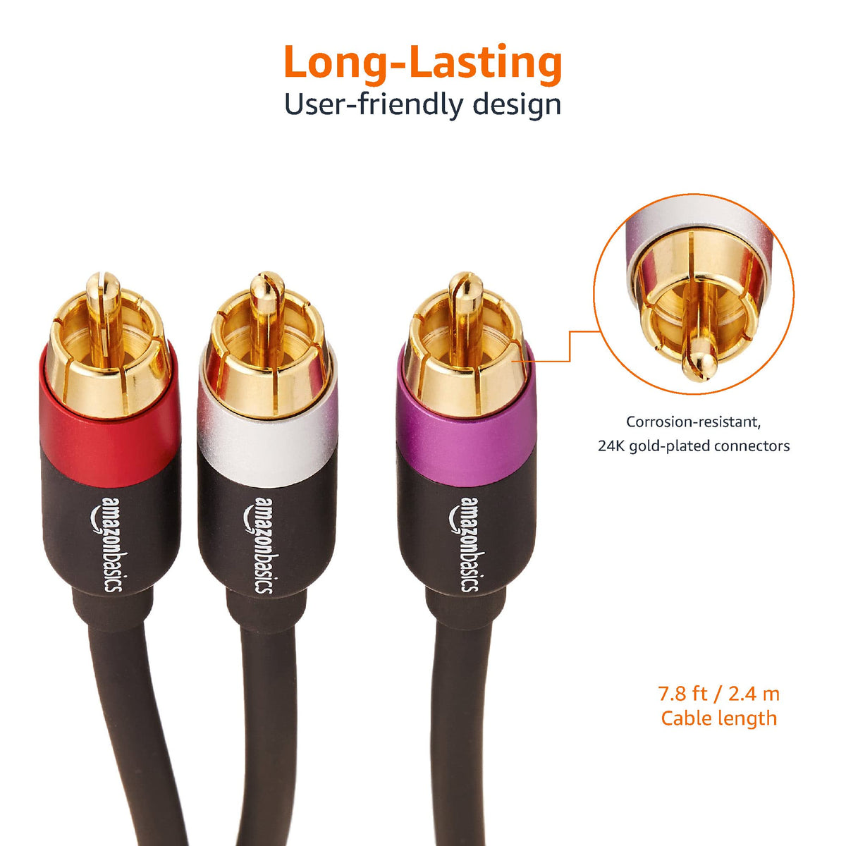 Amazon Basics 2 RCA Audio Cable for Amplifier,Active Speakers or Subwoofer with Gold-Plated Plugs, 4.6 m, Black