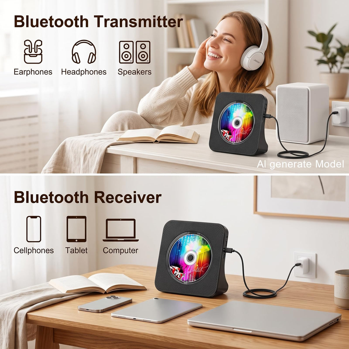 Portable CD Player with Bluetooth, Gueray Desktop CD Players for Home, Bulit-in Double HiFi Speakers, AUX&Headphone Jack, FM Radio Boombox with Remote Control, USB Port,LCD Display (Blue)