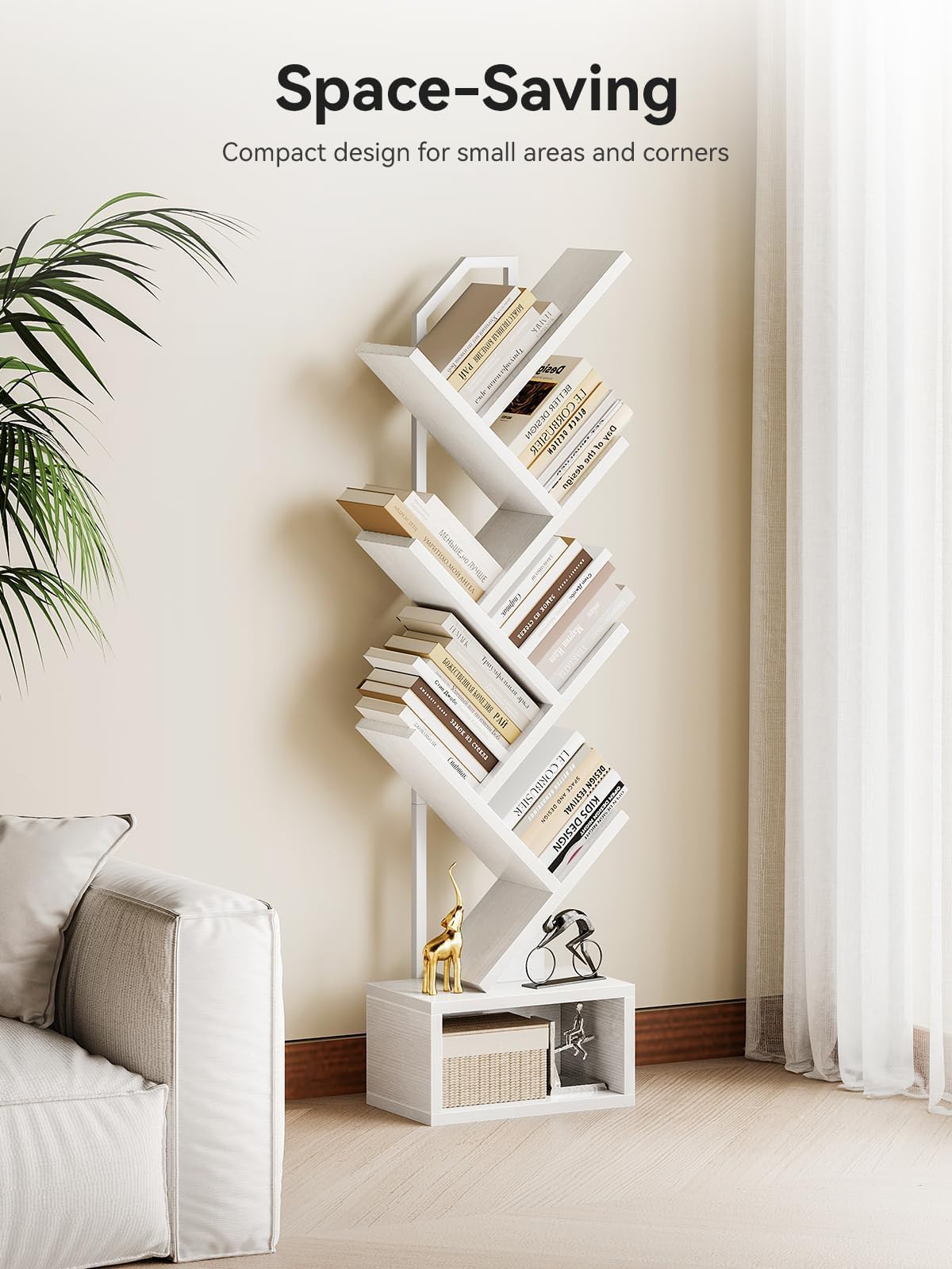 Coleshome Tree Bookshelf, 6-Tier Floor Standing Bookcase, Bookcases suitable for bedrooms and living rooms, Wooden bookshelves suitable for bedrooms and living rooms, White