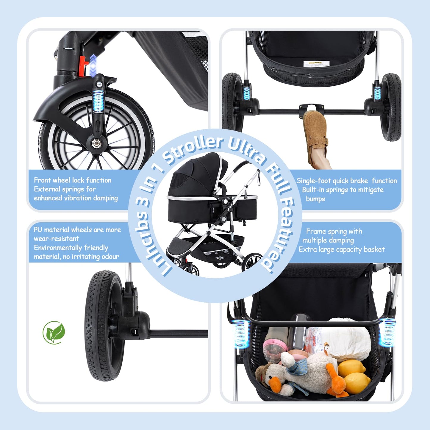 Baby Stroller 3 in 1,Travel Pushchair's Lie-Flat Pram is Foldable, Stroller System Handle is Adjustable, The Wheels are Made of PU Material, Suitable for 0-3 Years-Khaki