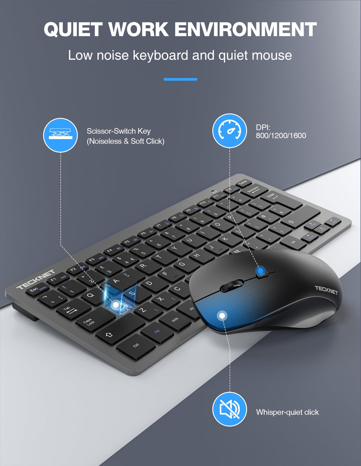 TECKNET Mini Wireless Keyboard and Mouse Set, 2.4G Cordless USB, Black