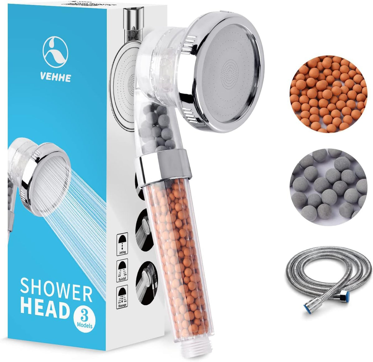 VEHHE High Pressure Shower Head with Filter Beads, 3 Spray Modes