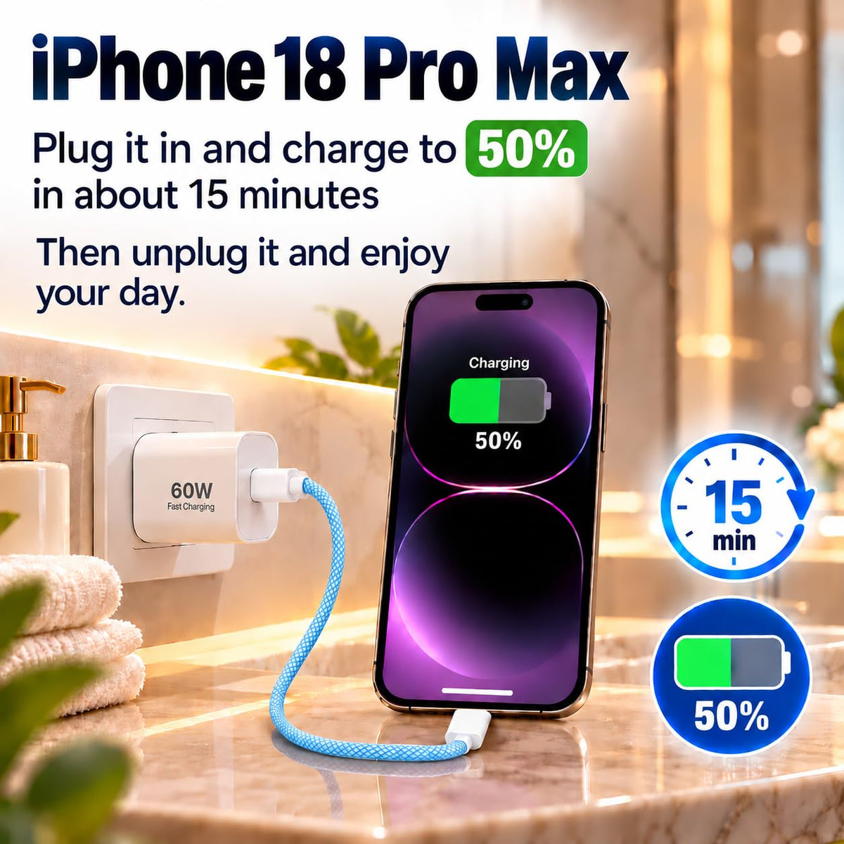 2 Pack 60W USB-C to C Fast Charging Charger Cable For iPhone 18 Pro Max 17e