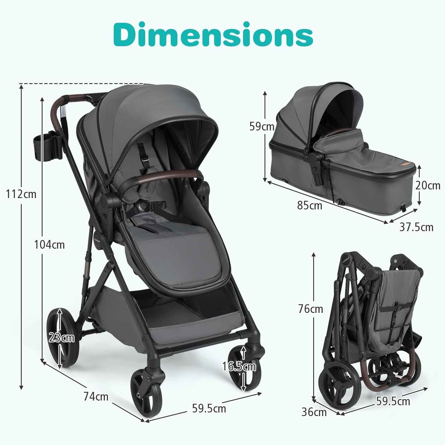 COSTWAY 3 in 1 Baby Stroller, Foldable Travel System Pram with Reversible Seat, Adjustable Canopy & Backrest, Mesh Net, Storage Basket, Lightweight Infant Newborn Pushchair for 0-36 Months (Grey)