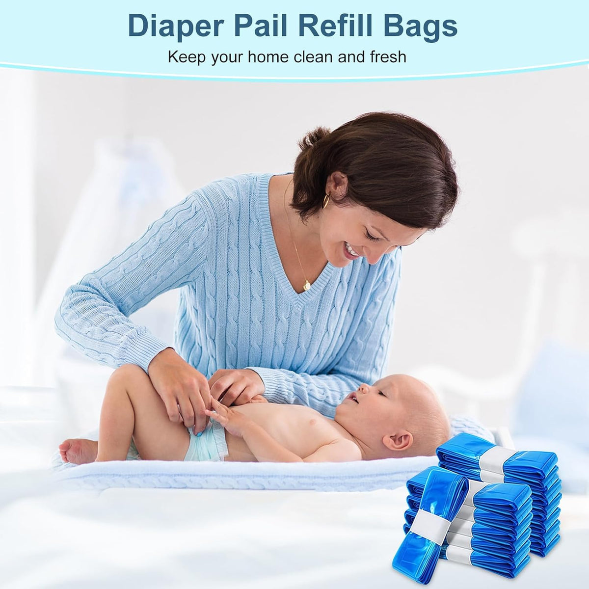 12er-Pack Nappy Bin Refills, vacvad 4.5m Diaper Bin Pail Disposal Bags, Nappy Bin Liners Replacement Strong Seal & Tear Resistance, Compatible with Most Nappy Disposal Systems (Blue)