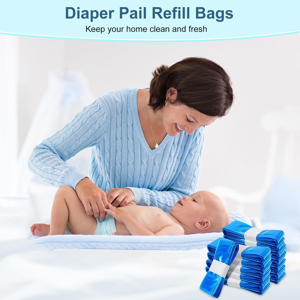 12er-Pack Nappy Bin Refills, vacvad 4.5m Diaper Bin Pail Disposal Bags, Nappy Bin Liners Replacement Strong Seal & Tear Resistance, Compatible with Most Nappy Disposal Systems (Blue)