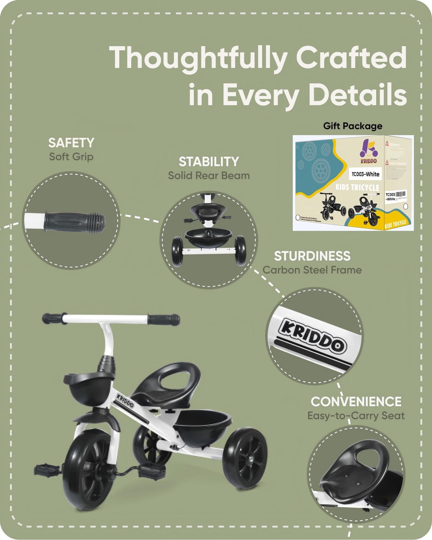 KRIDDO Toddler Tricycle — Anti-Tip Design, BPA-Free | Ages 18 Months to 4 Years | Pink
