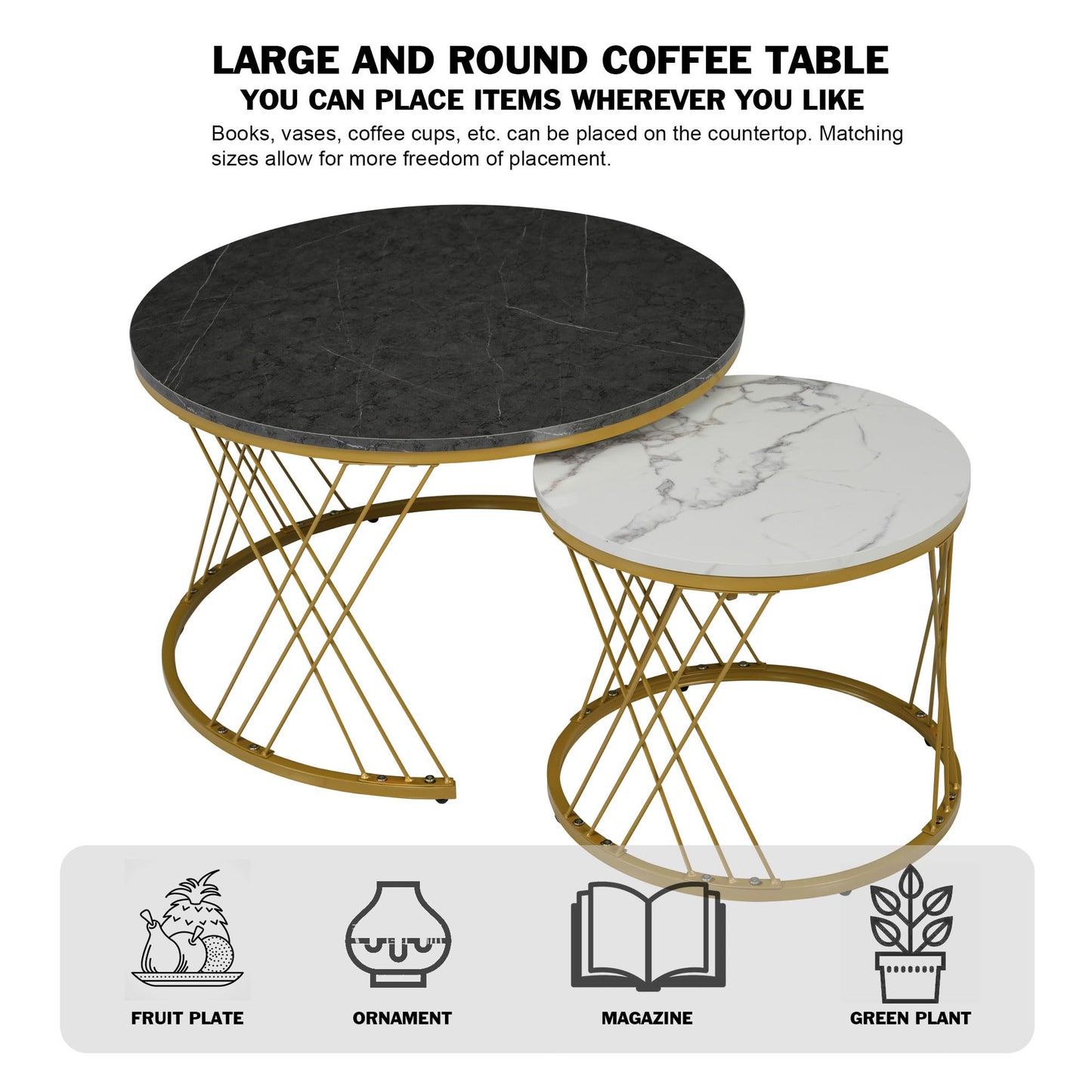 ModernLuxe 2-in-1 Coffee Table, Multi-functional Side Table with Marble Grain Veneer Top, Rattan Drawers, Solid Wood Handles, Gold Coloured Iron Legs, Round Nest of Tables for Living Room, Black