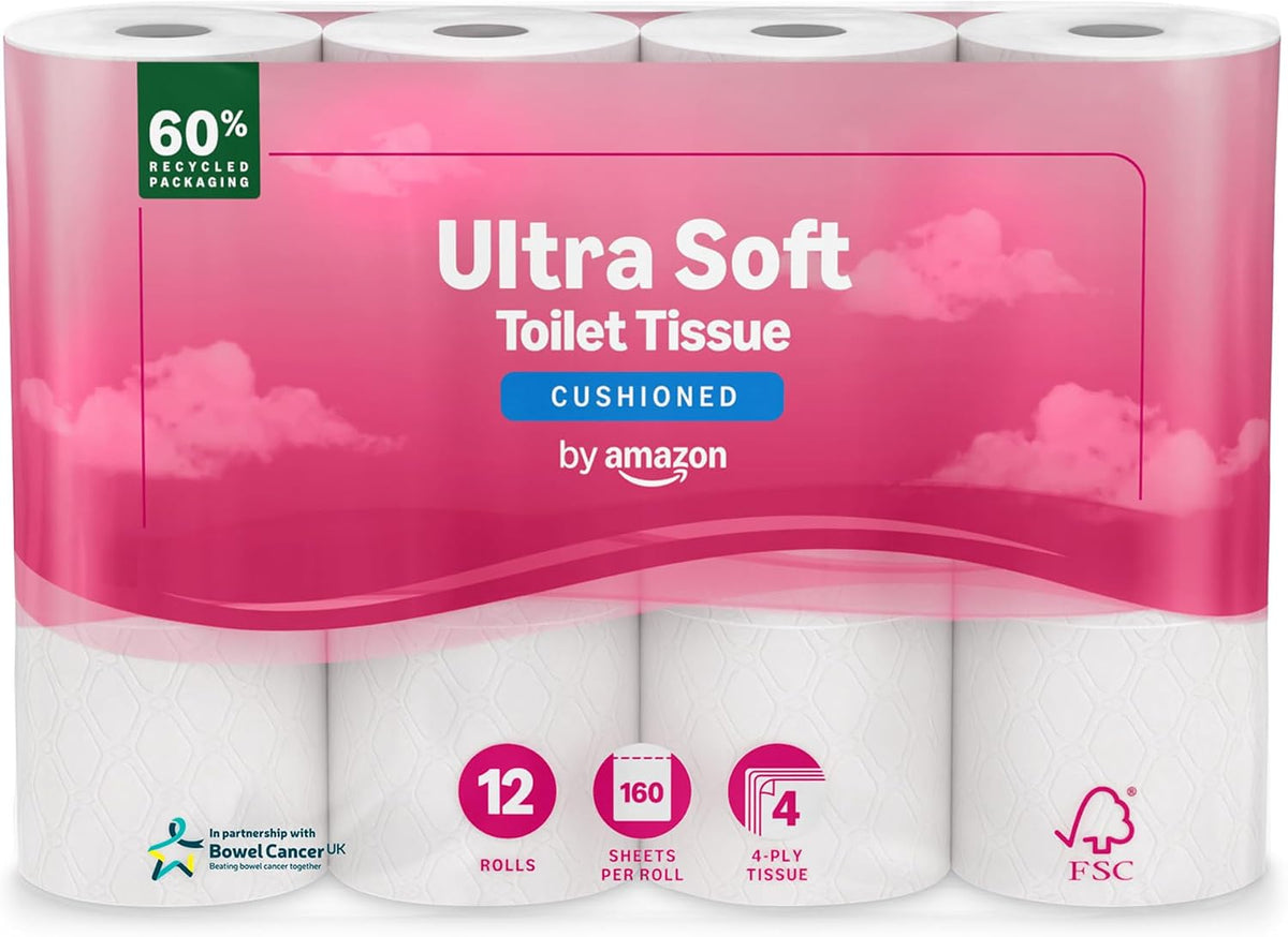 by Amazon Ultra Soft Toilet Tissue, 4-ply, 12 Rolls (1 Pack of 12), 160 Sheets per Roll
