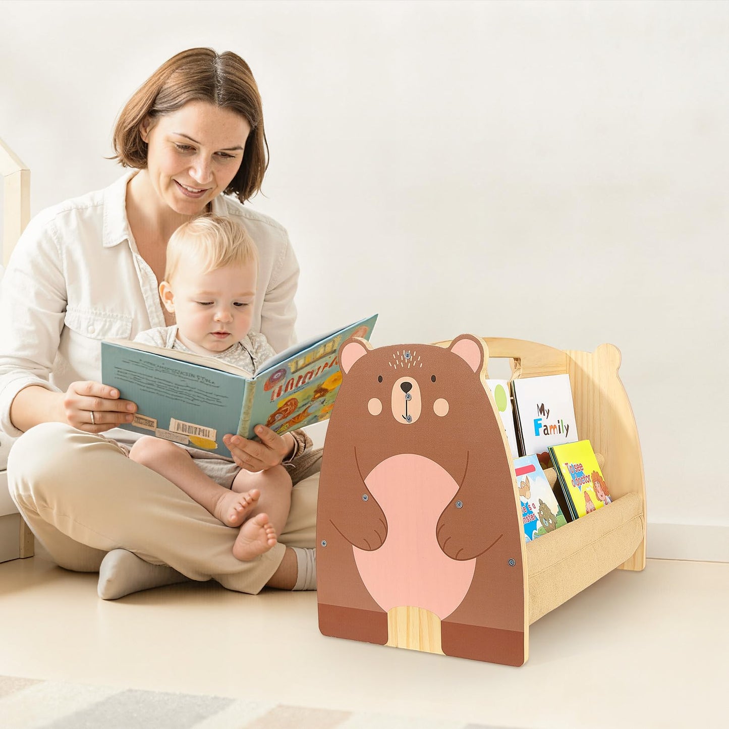 MHJY Kids Bookshelf – Wooden Double-Sided Sling Book Rack with Canvas Storage, Toddler Bookcase for Nursery, Bedroom, Playroom – Montessori Style Children’s Book Organiser