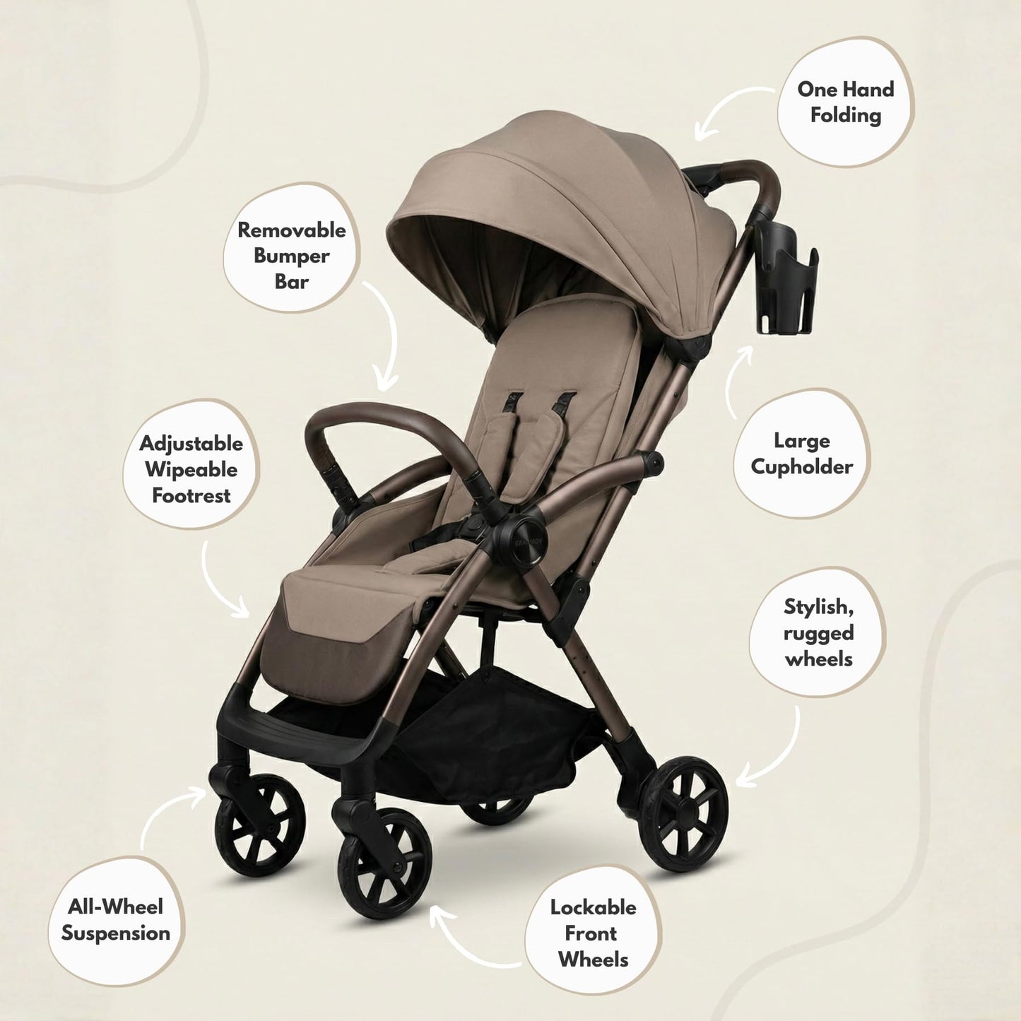 Venture Avio Stroller – Lightweight Compact Pushchair for Toddlers up to 4 Years – Travel Baby Stroller with Raincover, Cup Holder, Large Basket (Truffle)